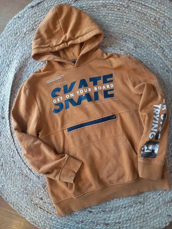 C&A Hoodie Gr 146/152 Junge, Kapuzen Pullover, Pulli, Print, braun, Herbst, Winter