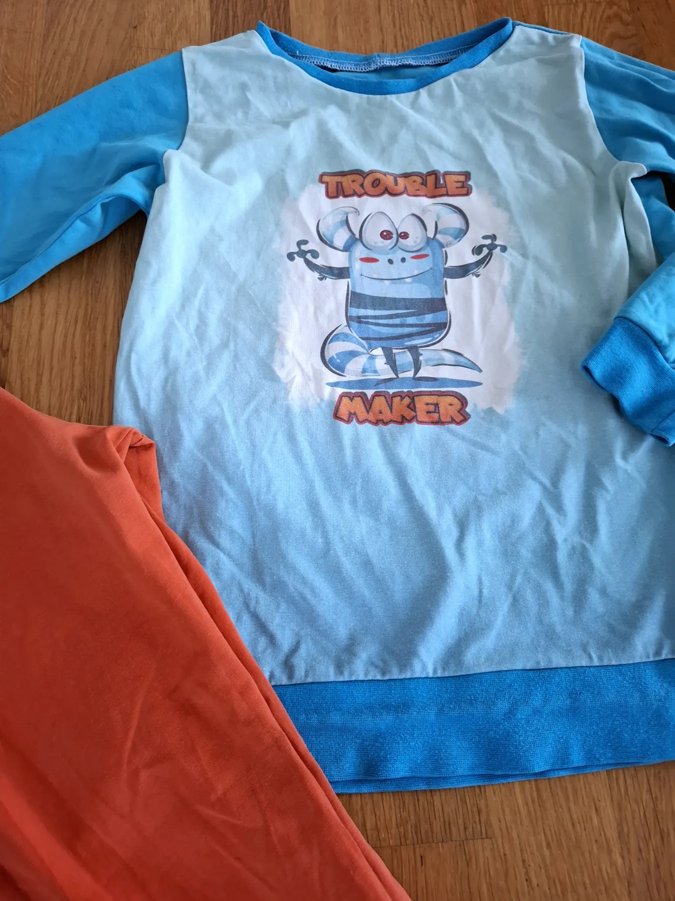 Schlafanzug 122 handmade Unikat Monster orange blau