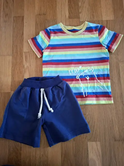 Set: kurze Hose & T-Shirt , Gr. 116 handmade Unikat Bär Streifen bunt