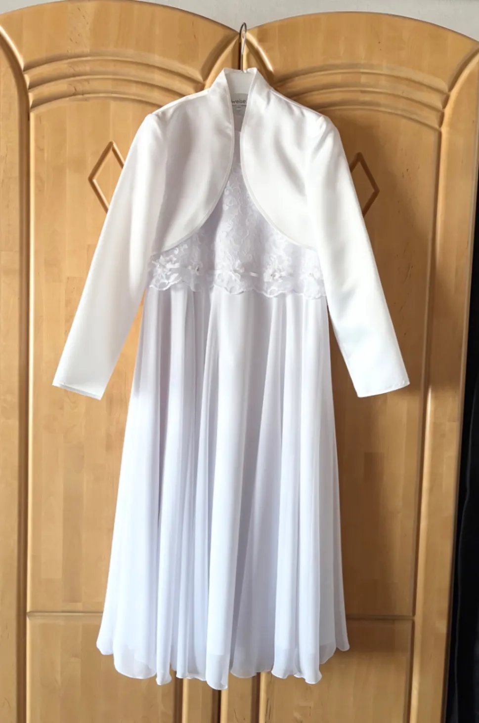 Weise Kommunionskleid mit Bolero u. Haarkranz Gr. 152