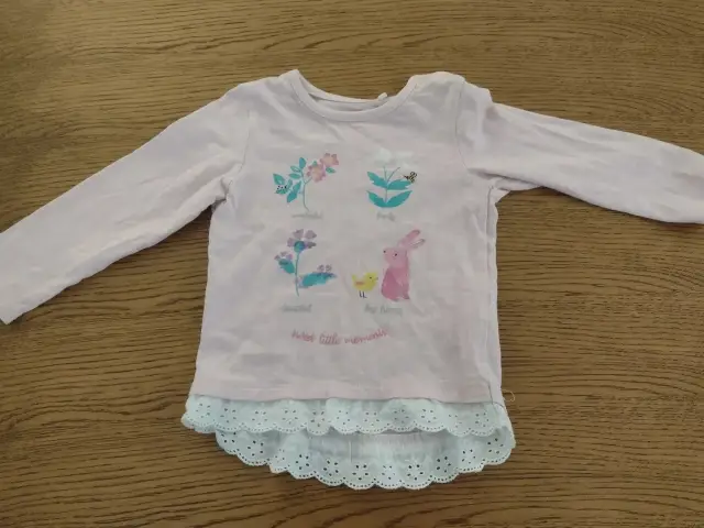 Langarmshirt/Longsleeve rosa Hasen mit weißer Spitze 86 Topomini