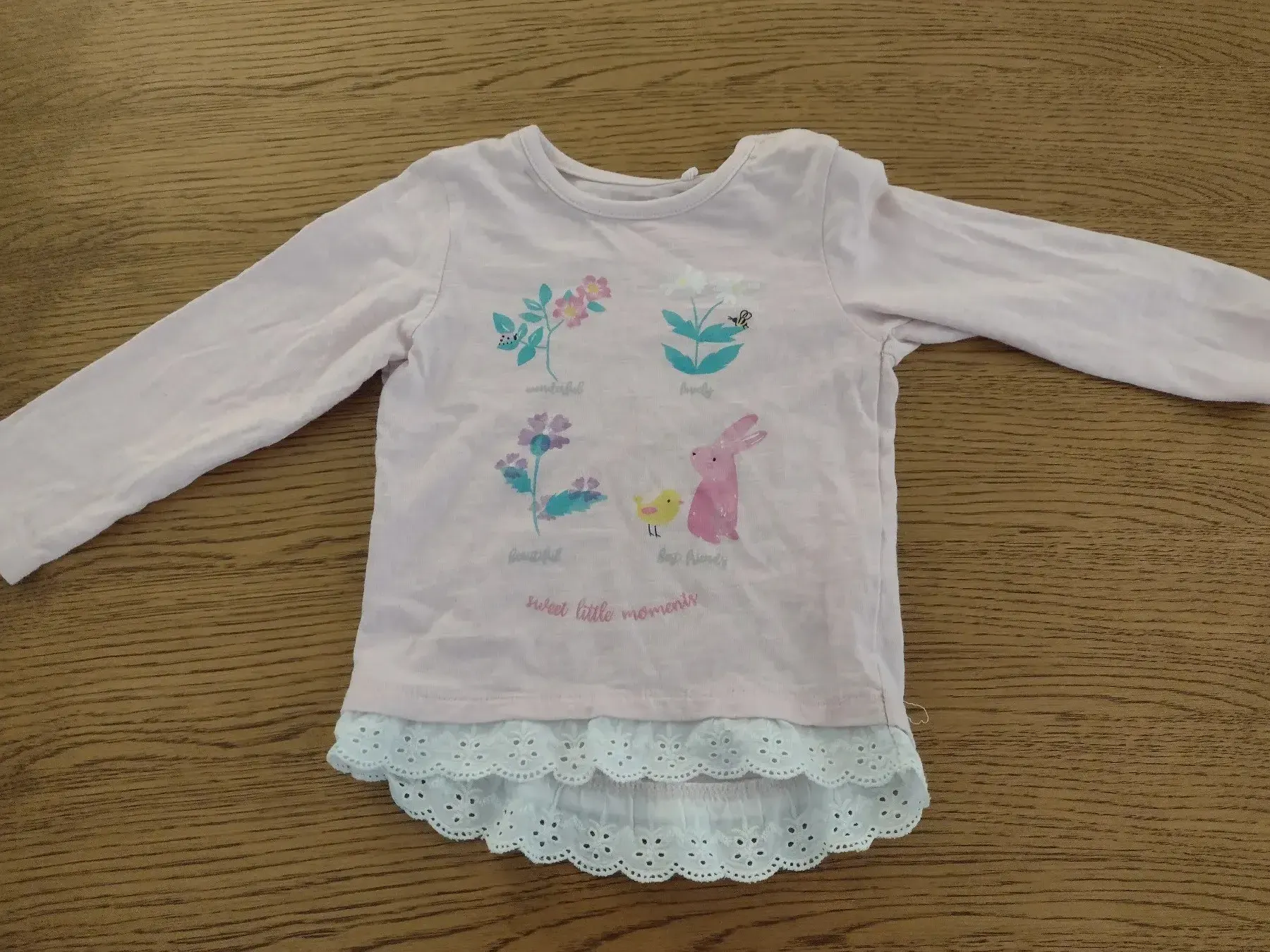 Langarmshirt/Longsleeve rosa Hasen mit weißer Spitze 86 Topomini