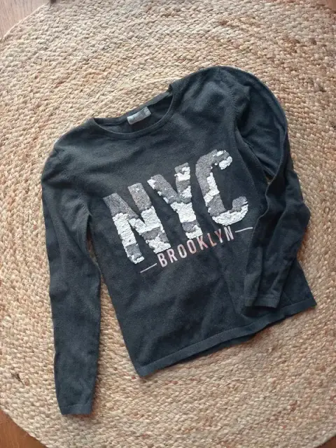 H&M Pulli Gr 152/158 Mädchen, Feinstrick, Wendepailletten, grau, schwarz, Herbst, Winter