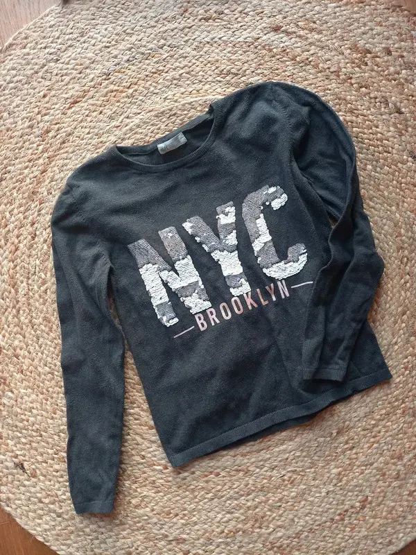 H&M Pulli Gr 152/158 Mädchen, Feinstrick, Wendepailletten, grau, schwarz, Herbst, Winter
