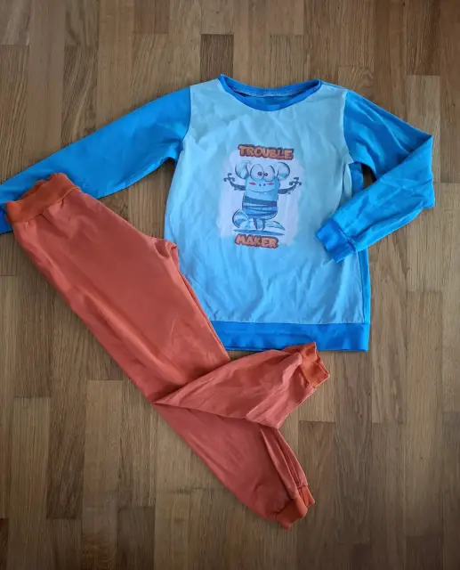 Schlafanzug 122 handmade Unikat Monster orange blau