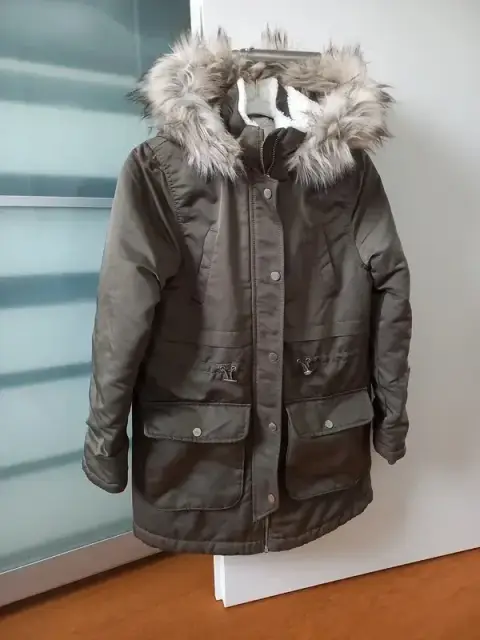 H&M Winter Parka Gr 152 Mädchen, Teddy, Kapuze, khaki, Winterjacke, Kurzmantel