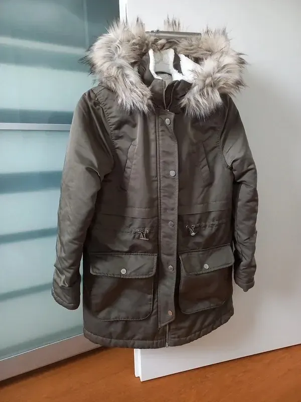 H&M Winter Parka Gr 152 Mädchen, Teddy, Kapuze, khaki, Winterjacke, Kurzmantel