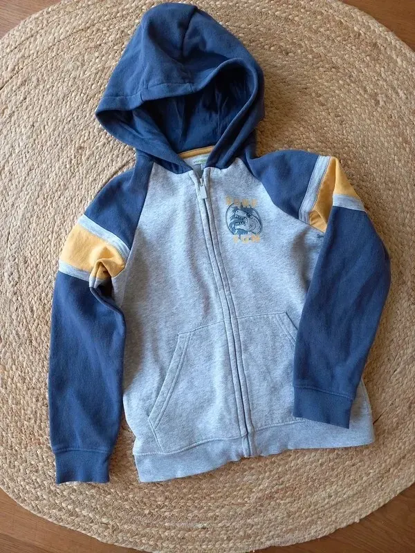 Vertbaudet Hoodie Sweatjacke Gr 140/146/152 Junge, Jacke, Raglan, grau, Rücken Dino Print