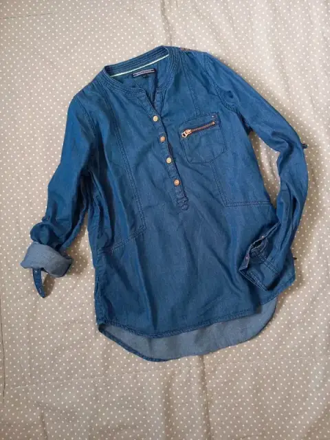 Tommy Hilfiger Jeans Hemd Gr 152, Mädchen, Bluse, Tunika, Langarm, 3/4 Arm, Denim, blau, Herbst