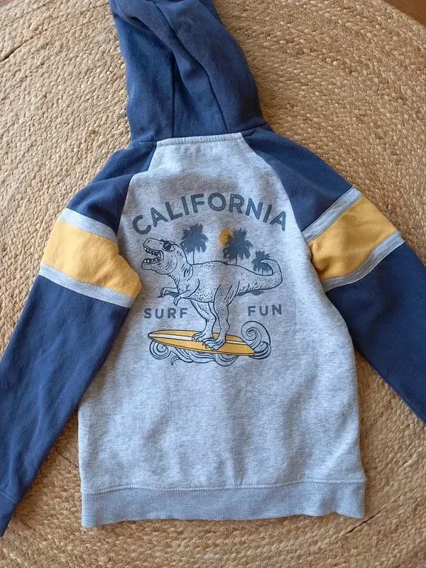 Vertbaudet Hoodie Sweatjacke Gr 140/146/152 Junge, Jacke, Raglan, grau, Rücken Dino Print